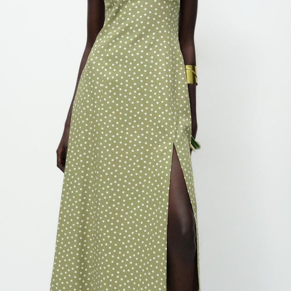 Zara Linen Blend Polka Dot Midi Dress XS Ecru Khaki Front Slit NWT Summer Party - Picture 3 of 14